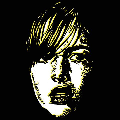 Pen drawing of Camille Belle looking scared drawn on a black and yellow background.
