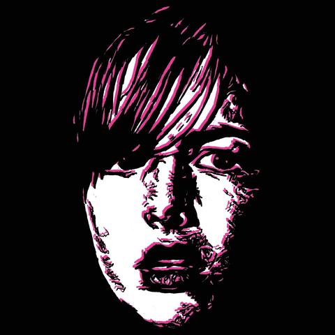 Pen drawing of Camille Belle looking scared drawn on a black and magenta background.