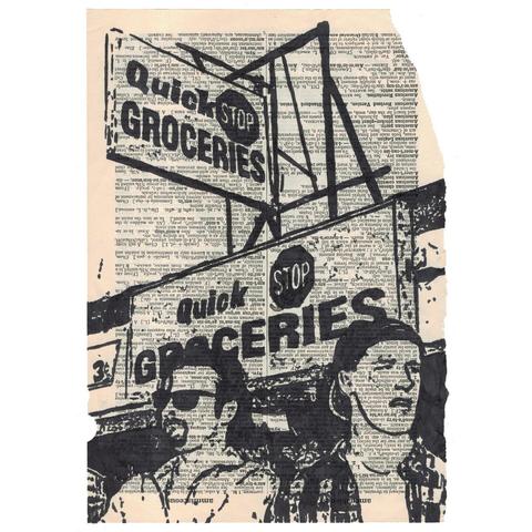 Pen drawing of Dante and Randal from Clerks scowling in front of a convenience store.