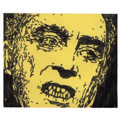 Pen drawing of Robert Quarry as Count Yorga scowling on a yellow Post-It