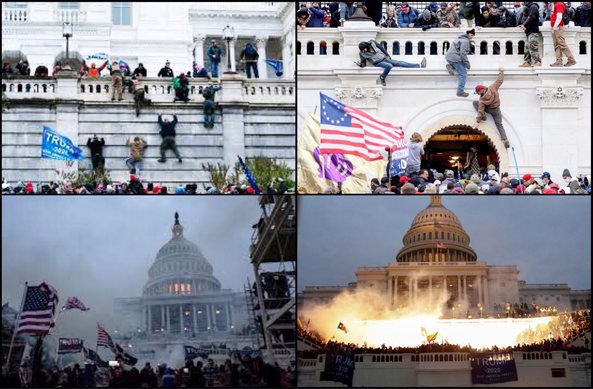 Images: four exterior photos of the U.S. Capitol Building under attack by January 6 rioters.