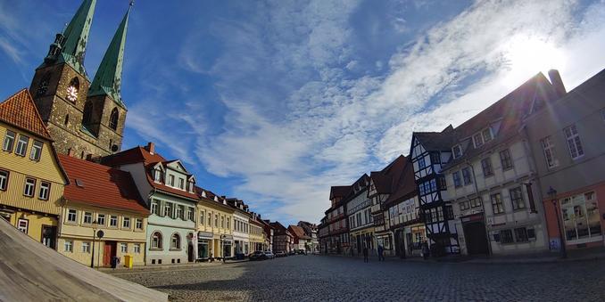 Square with cobble stone and timber frame houses.