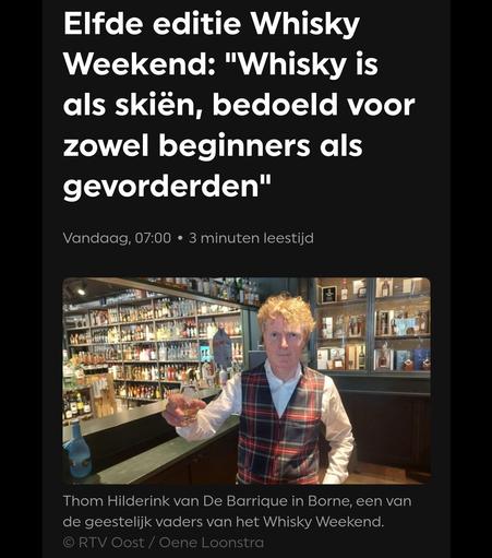 Screenshot van de website van RTV Oost, Hij trekt een opmerkelijke vergelijking. "Whisky drinken is als skiën. Je hebt verschillende pistes. Van beginners tot gevorderden. Zo is het dus ook met whisky", zegt Thom Hilderink, één van de geestelijk vaders van het #WhiskyWeekendTwente.