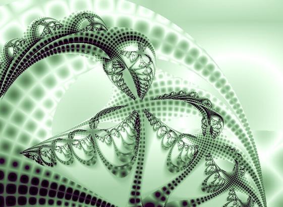 A fractal formed of green, white, and black checks curves into a repeating series of shamrock shapes.