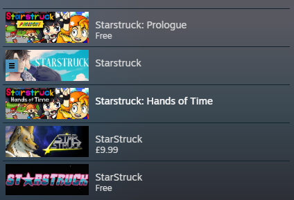 Screenshot snippet of five games on Steam, all called some variant of 'Starstruck'.