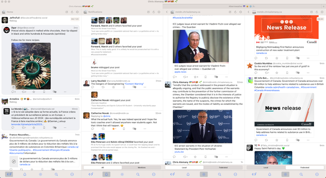 A screenshot of the Mona desktop client shows four columns for Home, Notifications, mstdn.chrisalemany.ca local and federated timelines. The active tab is Chris Alemany. There is a second tab to the right called Alberniweather.