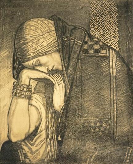 A Symbolist drawing in black chalk on paper, shows a grieving woman in profile, her eyes closed and head bowed, resting on her hands.