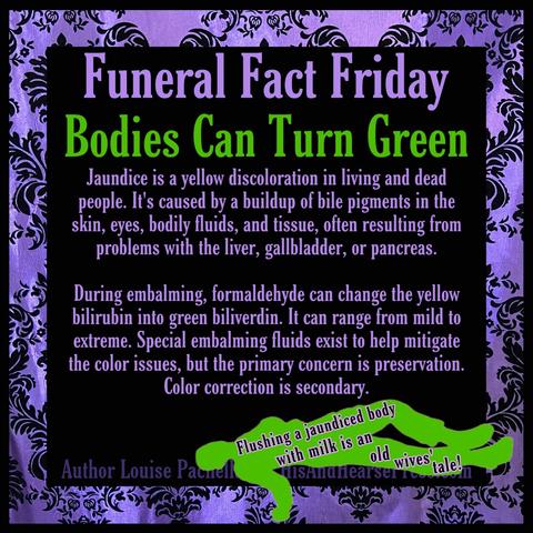 A purple damask frame around a black background. Text reads, “funeral fact Friday: bodies can turn green. Jaundice is a yellow discoloration in living and dead people. It's caused by a buildup of bile pigments in the skin, eyes, bodily fluids, and tissue, often resulting from problems with the liver, gallbladder, or pancreas. During embalming, formaldehyde can change the yellow bilirubin into green biliverdin. It can range from mild to extreme. Special embalming fluids exist to help mitigate the color issues, but the primary concern is preservation. Color correction is secondary.” There’s a green silhouette of a dead body with overlaid text reading, “flushing a jaundiced body with milk is an old wives’ tale!”