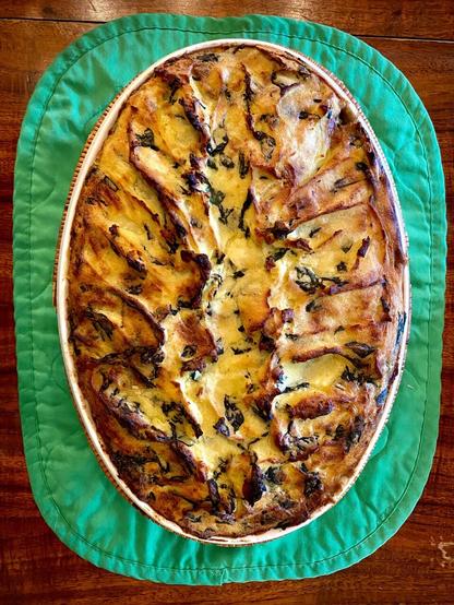 #IRISH-STYLE #FishPie with #cod #fish, #mushrooms sauce with roux, sherry wine, seafood stock, and dill herbs; then, covered with #colcannon made of yellow mashed potatoes, milk, butter, egg, and chopped kale from our garden