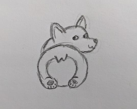 Sketch of a cartoon corgi dog from behind lying on their belly, looking to the camera over their shoulder.