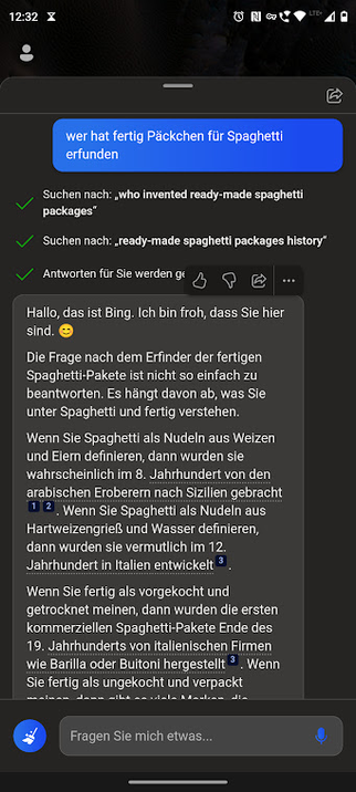Löhwe: Wer hat Spaghetti Päckchen erfunden ?
AI: Schwierige Frage, blah, Sizilien, blah blah, Barilla / Buitoni, blah blah blah ...