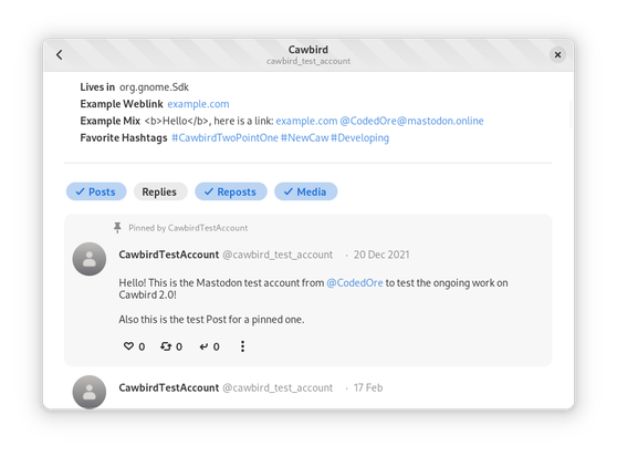 An window of #NewCaw, which shows the User timeline of my test account. The first post in the list is marked as a pinned one.
