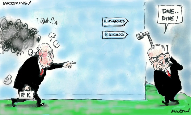 INCOMING!
Paul Keating marches in, carrying his P.K. briefcase, his mind in black smoke 
!@#!!*
He point to Albanese standing at the corner which has signs 
R.MARLES>
P.WONG> 
talking on his phone "DIVE... DIVE!"