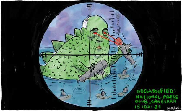 DECLASSIFIED: NATIONAL PRESS CLUB, CANBERRA 15.03.23
Paul Keating shown as a green dinosaur monster in the sea surrounded by tiny submarines holding on to two submarine-shaped microphones one in each hand, one of which has a red front filter shining two red rays lighting up his eyes red.