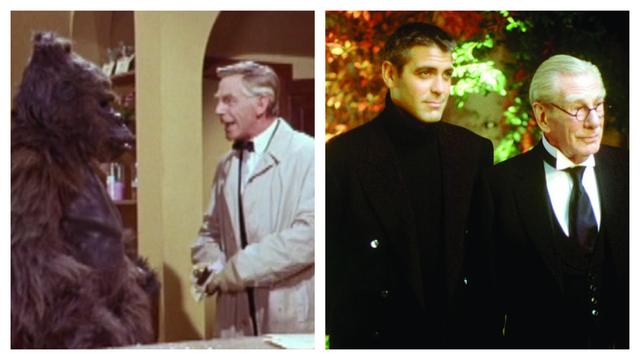 Side by side photos of Michael Gough as Dr. Charles Decker with the ape from Konga (1961) and an older Michael Gough with George Clooney from Batman & Robin (1997)