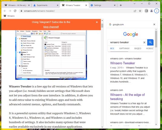 a webpage explaining the"side-search" chrome feature. A main content in displayed and a side panel search results