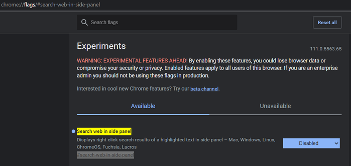 chrome flags menu and the disabling dropdown menu option