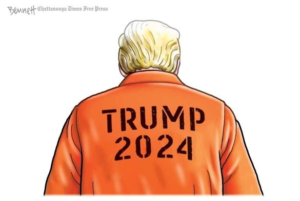 Cartoon Trump in an orange prison suit with Trump 2024 printed in the back