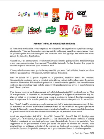 Communique intersyndical éduc pour la mobilisation 20 et 21 mars 2023