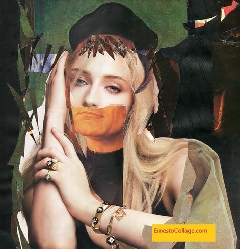A modern fashionable woman, wearing bracelets and French beret cap, sits at her desk on a Sunday morning. She is a bit pouty, a bit exhausted. She is wondering what lies in the week ahead. This collage uses elements of renaissance paintings, mixed with surrealism and expressionism. She is a quiet elegant beauty.