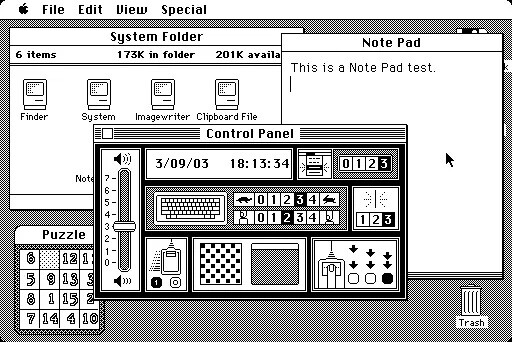Mac OS control panel from 1984 showing icons for each setting (volume, double click speed, etc.)