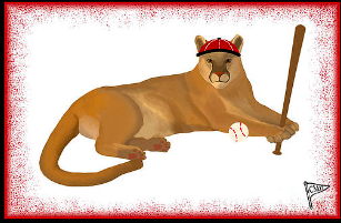 Our cougar mascot is playing baseball, holding a baseball bat with a baseball near his paws.