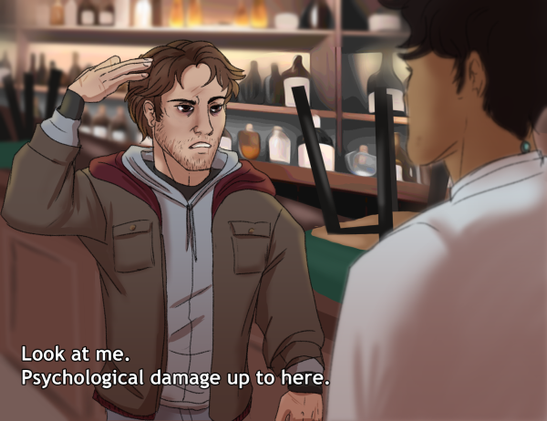 A drawing based on a meme from It's Always Sunny in Philadelphia. One figure is blurry and is standing close to the viewer. The other figure is a brown-haired man holding a hand up to the top of his head.

The bottom of the image has the caption: Look at me. Psychological damage up to here.