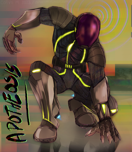 An armored figured crouched with one arm up, glowing green detail across their torso, wearing hefty looking gauntlets and boots. The helmet is round and shiny but lacks any features.

Text along the bottom side of the image says: Apotheosis