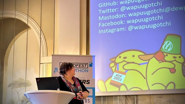 Birgit is presenting on the Hackatjon stage. In the background, you see a slide of the presenting.