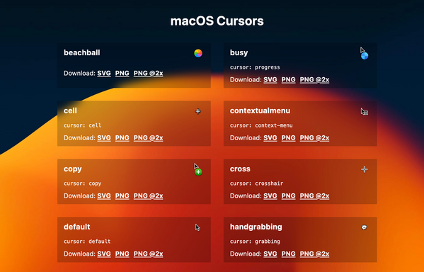 Mac cursors: a list of cursors, preview, CSS to be used and download options