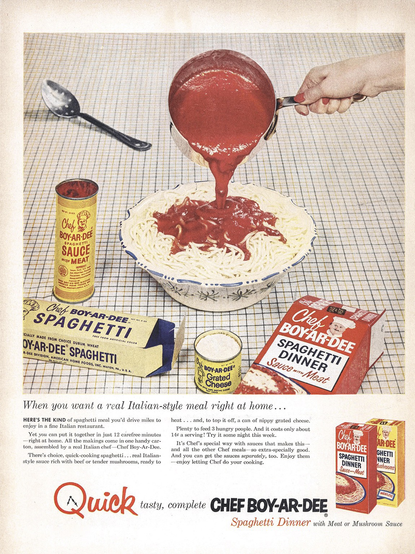 Some type of canned sauce poured onto bleached white pasta ￼