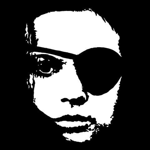Pen drawing of Christina Lindberg wearing an eyepatch drawn on a black background.