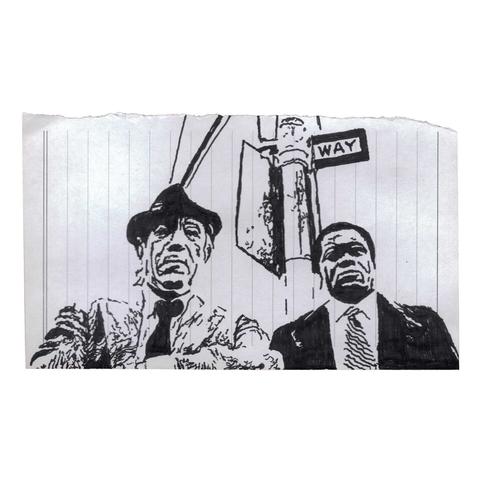 Pen drawing of Yaphet Kotto and Anthony Quinn standing next to a street sign drawn on a torn-out notebook page.