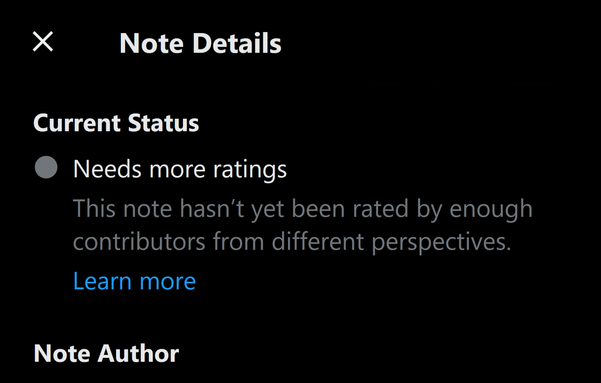 screenshot 

Note Details: 

Current Status: 

Needs more ratings. This note hasn't yet been rated by enough contributors from different perspectives. 

Learn more…

https://communitynotes.twitter.com/guide/en/contributing/notes-on-twitter