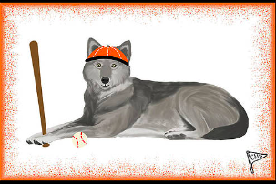Our wolf mascot is playing baseball, wearing an orange baseball hat with an orange background.