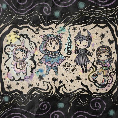 Illustration of four chibi characters surrounded by black branches