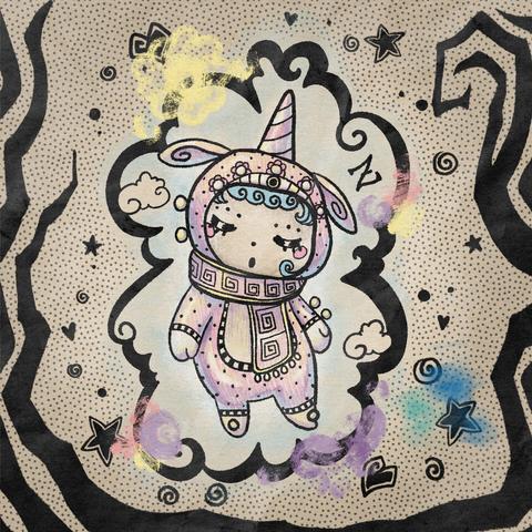 Close up of one of the characters, the sleepy one, that's wearing unicorn pajamas
