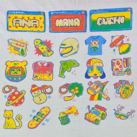 A threadbare white T-shirt with the word Anamanaguchi split into three XP-inspired windows, and small illustrations of all the best things in the world, such as tamagotchi, keyrings, radio control cars, crazy sunglasses, perfume, stationary, dolphins, aliens, etc.