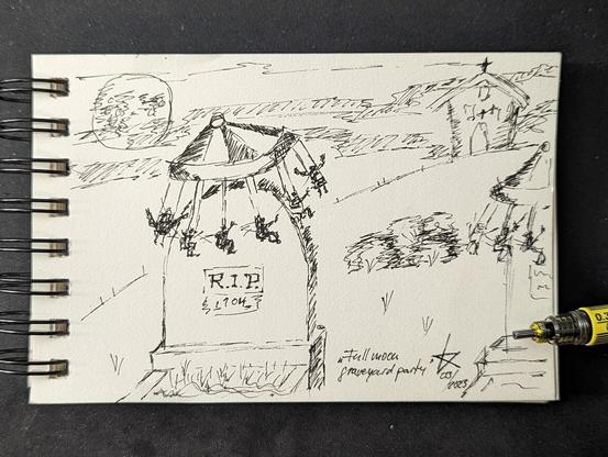 Ink sketch with people going round and having fun on chain carousels mounted on tombstones at full moon.