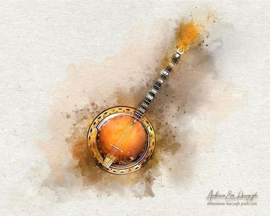 Vibrant watercolor painting of an orange gold banjo