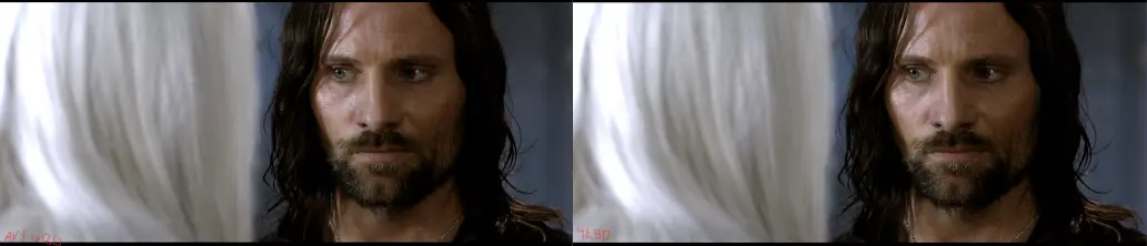 Two still images, side by side, for comparison. The left is a 1080p AV1 at 7.63GB and the right is a 50GB 4k Bluray rip. from The Lord of the Rings, the Return of the King. We see Aragorn's face and the back of Gandalf's head, showing the grain in the highlighted areas of his head. The AV1 has better grain here.