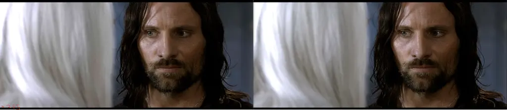 Two still images, side by side, for comparison. The left is a 1080p x265 at 8.99 GB and the right is a 50GB 4k Bluray rip. from The Lord of the Rings, the Return of the King. We see Aragorn's face and the back of Gandalf's head, showing the grain in the highlighted areas of his head. The x265 has better contrast, but bad, blocky grain.