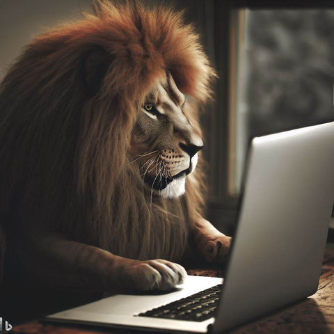 Löwe liest Mails am Laptop