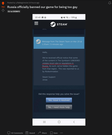 a reddit post showing a game being banned in russia for gay content