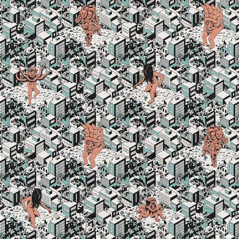 Drawing: isometric cityscape pattern with giant monsters.