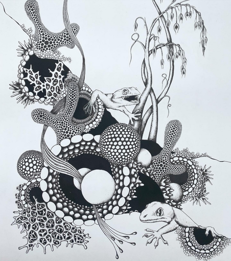 Two LIZZARDs between psychedelic patterns, circles and plants