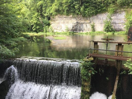 Water cascading over a low (1.3 m) dam face, with a metal walkway to the right. Behind the dam is slack water, gravel bars, and vegetation. The background is a buff cliff face with trees above.