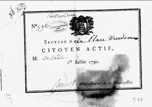 Certificat de "citoyen actif", section de la place Vendôme, M. de Sade ("marquis de Sade"), 1790