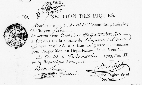 Attestation d'un don de 50 livres fait par Sade (marquis de) pour les frais de guerre en Vendée, 1793