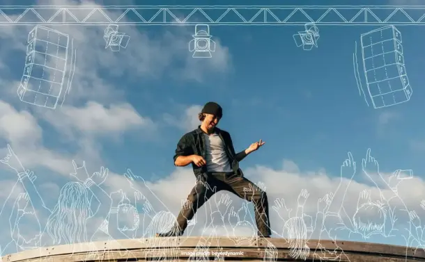 Photo showing a man standing in front of a sky background playing air guitar. Drawn outlines of people, speakers, and stage lights surround him.